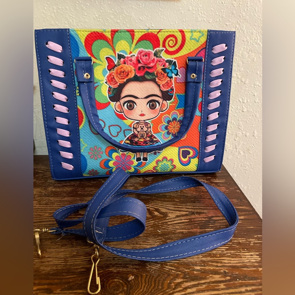 NEW FRIDA KAHLO Mexican Folklore Blue Green Purse 9.5x12x4.5” Faux Leather Strap